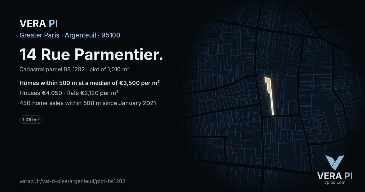14 Rue Parmentier, Argenteuil at night – the plot lit, the parcels around coloured by the prices near them
