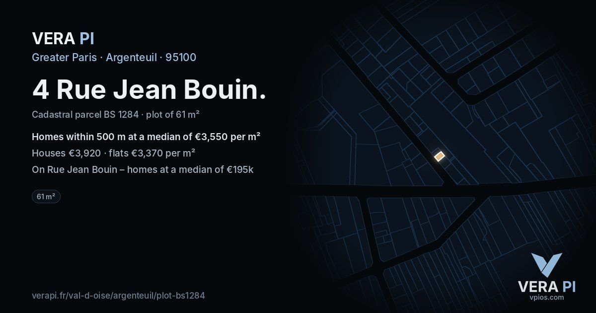 4 Rue Jean Bouin, Argenteuil at night – the plot lit, the parcels around coloured by the prices near them