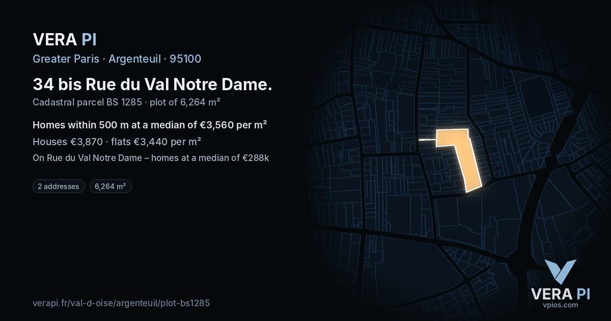 34 bis Rue du Val Notre Dame, Argenteuil at night – the plot lit, the parcels around coloured by the prices near them