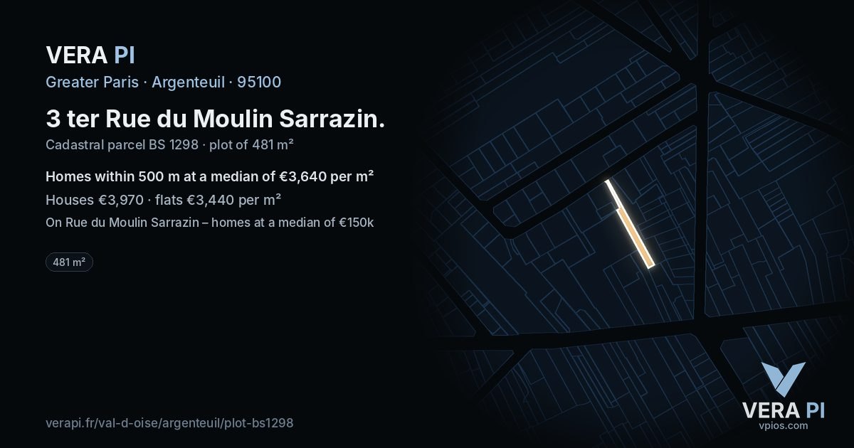 3 ter Rue du Moulin Sarrazin, Argenteuil at night – the plot lit, the parcels around coloured by the prices near them