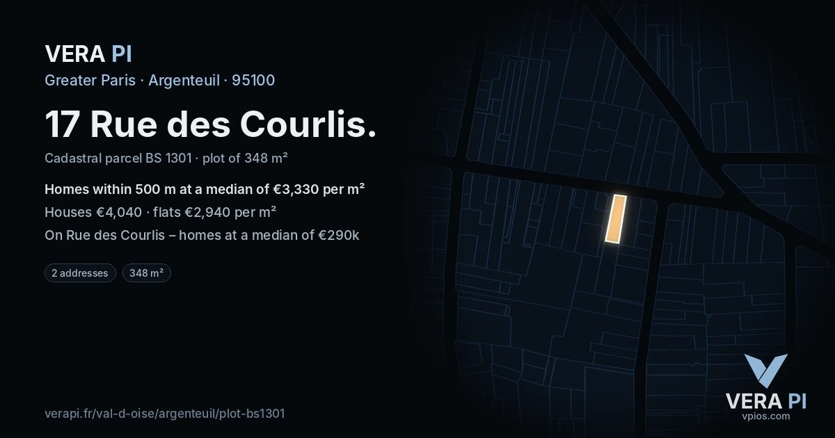 17 Rue des Courlis, Argenteuil at night – the plot lit, the parcels around coloured by the prices near them