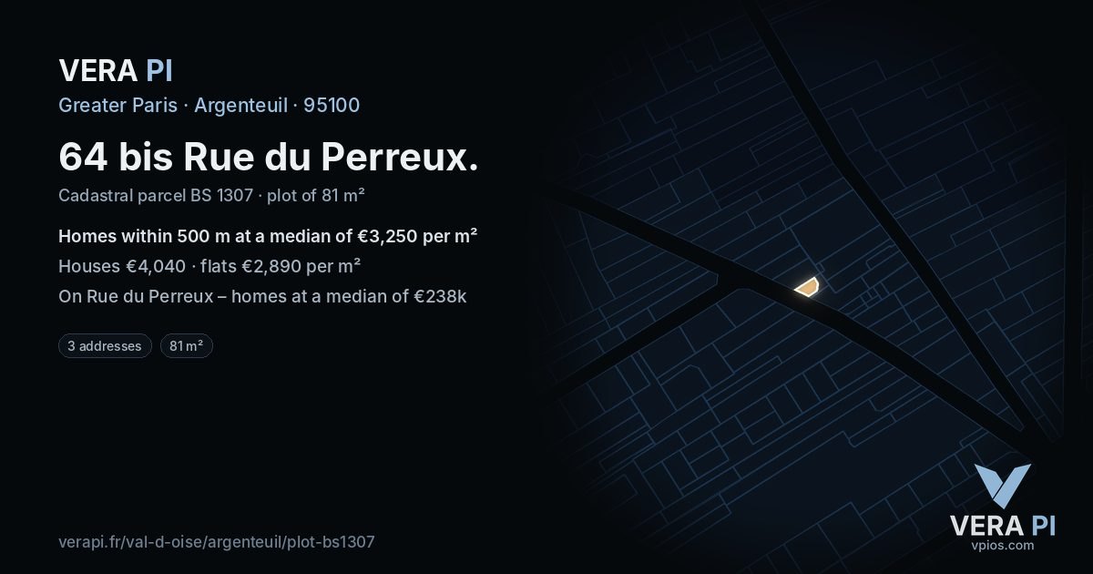 64 bis Rue du Perreux, Argenteuil at night – the plot lit, the parcels around coloured by the prices near them