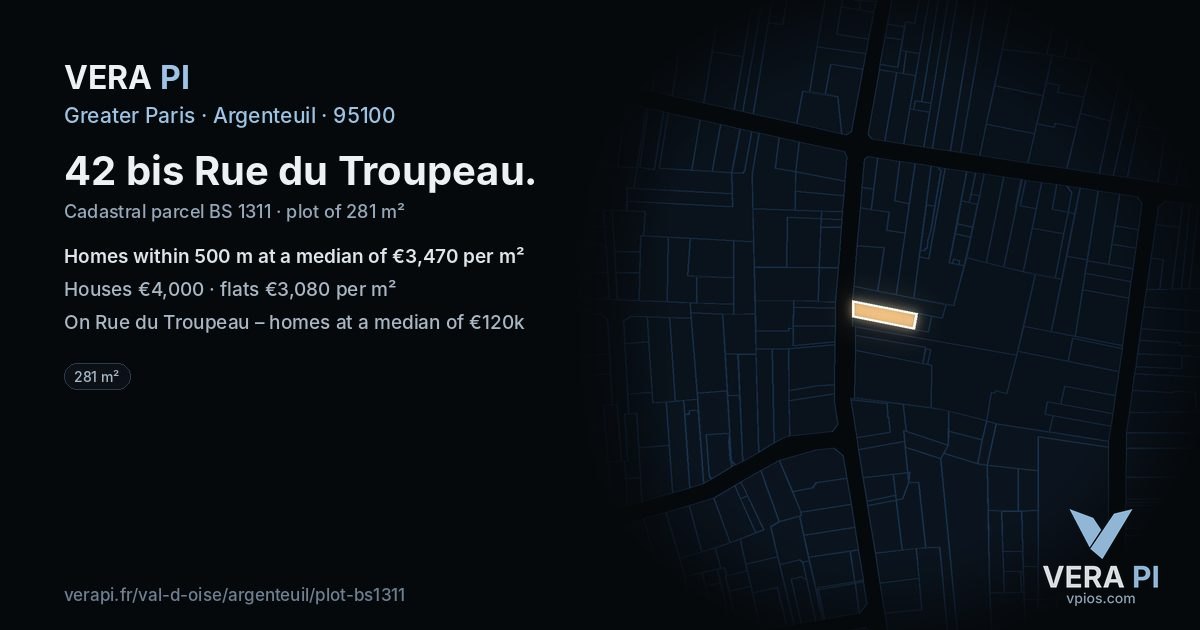 42 bis Rue du Troupeau, Argenteuil at night – the plot lit, the parcels around coloured by the prices near them