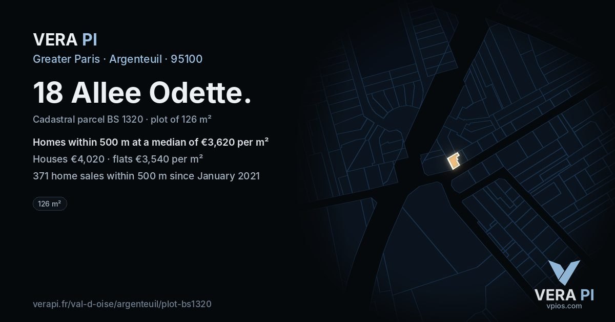 18 Allee Odette, Argenteuil at night – the plot lit, the parcels around coloured by the prices near them