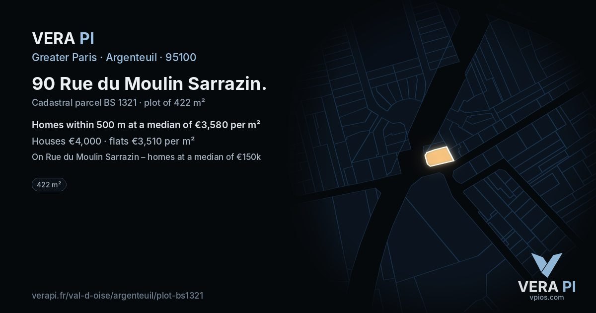 90 Rue du Moulin Sarrazin, Argenteuil at night – the plot lit, the parcels around coloured by the prices near them