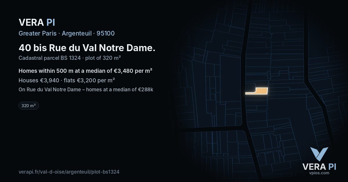 40 bis Rue du Val Notre Dame, Argenteuil at night – the plot lit, the parcels around coloured by the prices near them