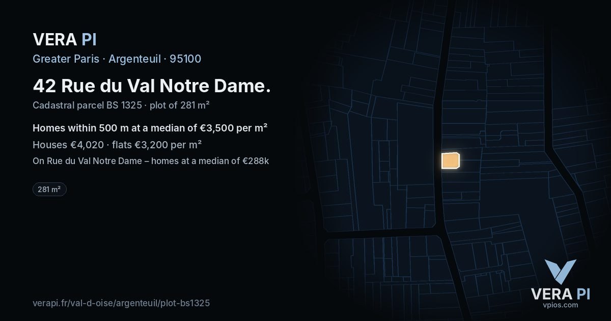 42 Rue du Val Notre Dame, Argenteuil at night – the plot lit, the parcels around coloured by the prices near them