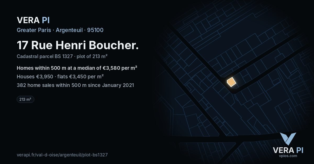 17 Rue Henri Boucher, Argenteuil at night – the plot lit, the parcels around coloured by the prices near them