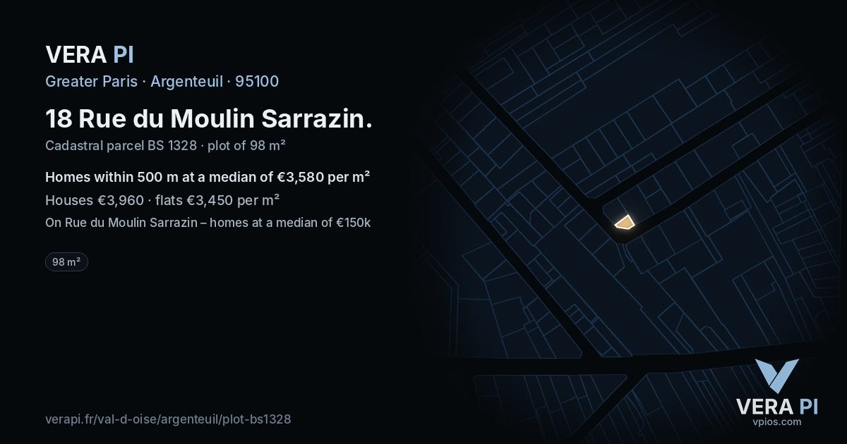 18 Rue du Moulin Sarrazin, Argenteuil at night – the plot lit, the parcels around coloured by the prices near them