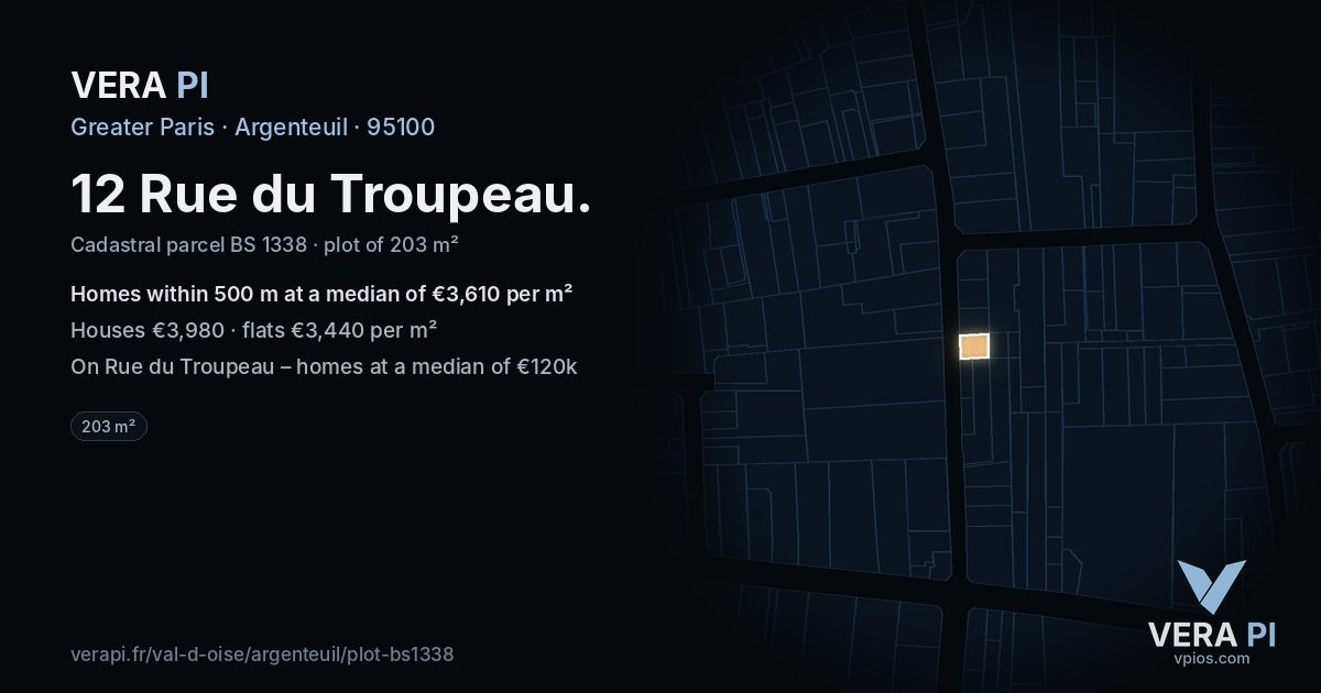 12 Rue du Troupeau, Argenteuil at night – the plot lit, the parcels around coloured by the prices near them