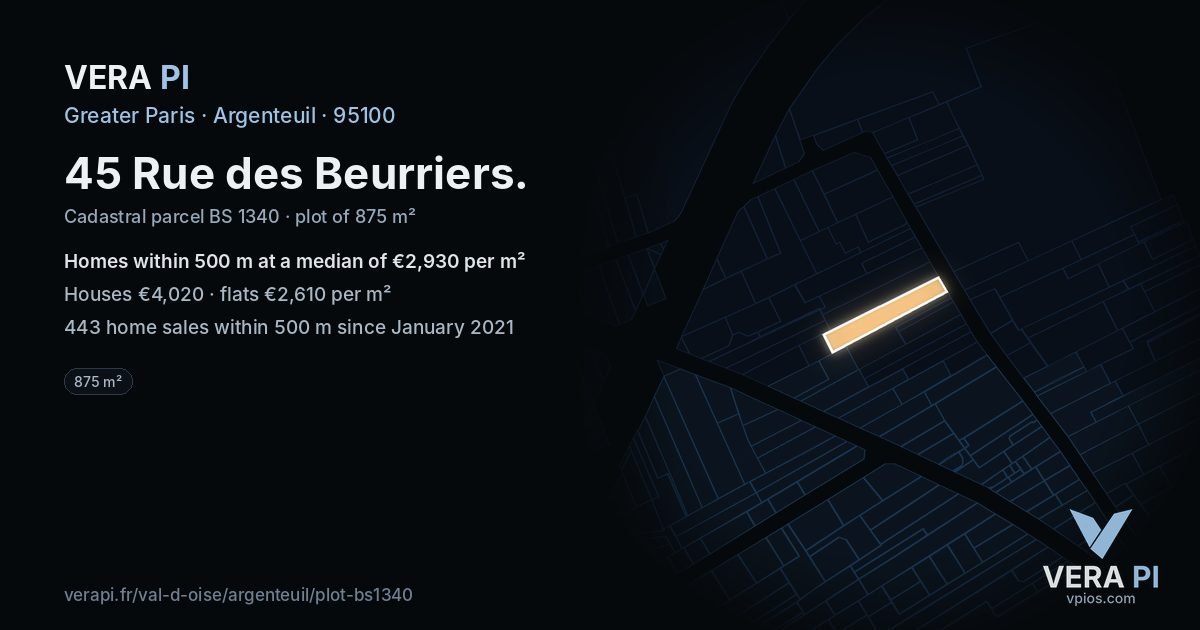 45 Rue des Beurriers, Argenteuil at night – the plot lit, the parcels around coloured by the prices near them