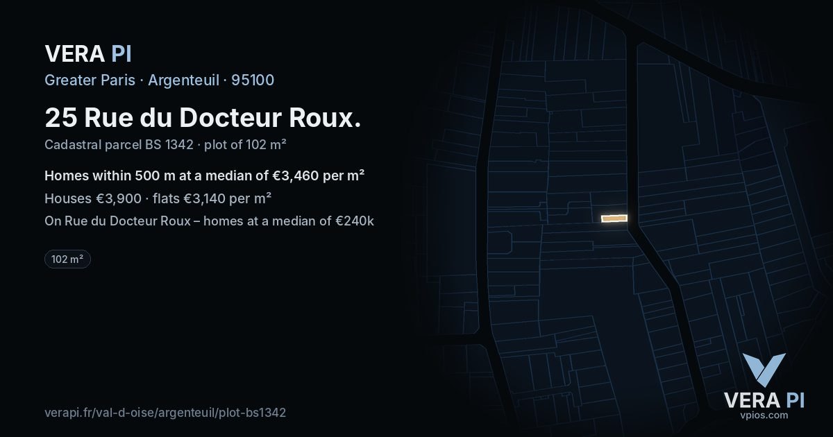 25 Rue du Docteur Roux, Argenteuil at night – the plot lit, the parcels around coloured by the prices near them