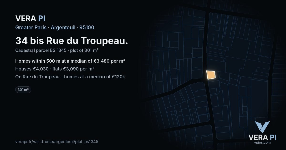 34 bis Rue du Troupeau, Argenteuil at night – the plot lit, the parcels around coloured by the prices near them
