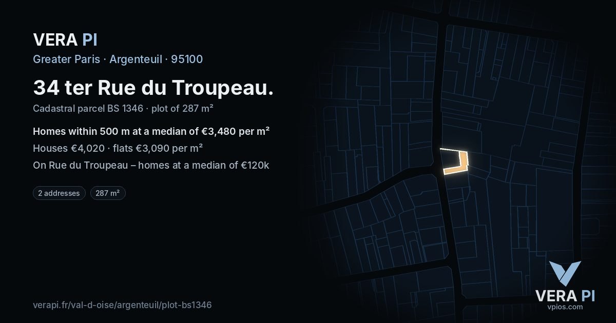 34 ter Rue du Troupeau, Argenteuil at night – the plot lit, the parcels around coloured by the prices near them