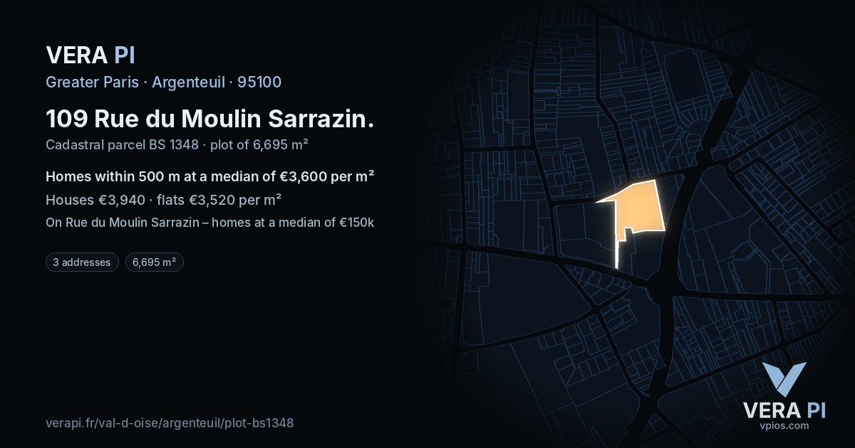 109 Rue du Moulin Sarrazin, Argenteuil at night – the plot lit, the parcels around coloured by the prices near them