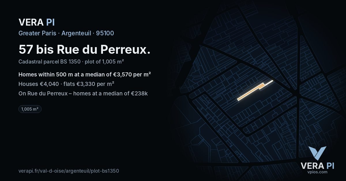 57 bis Rue du Perreux, Argenteuil at night – the plot lit, the parcels around coloured by the prices near them