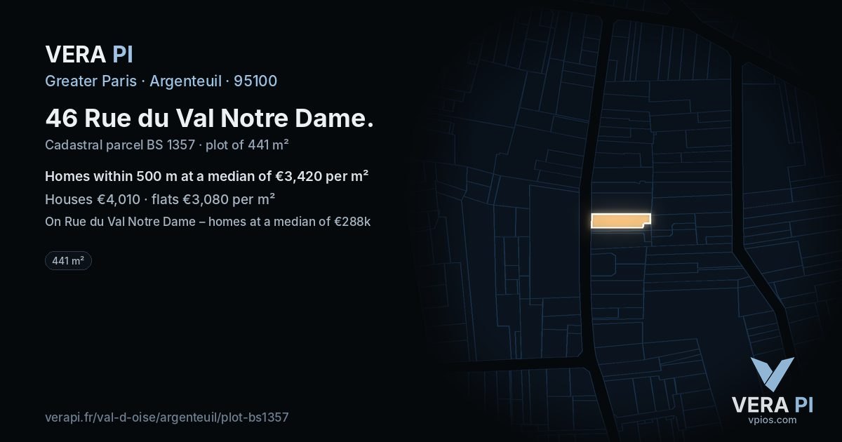 46 Rue du Val Notre Dame, Argenteuil at night – the plot lit, the parcels around coloured by the prices near them
