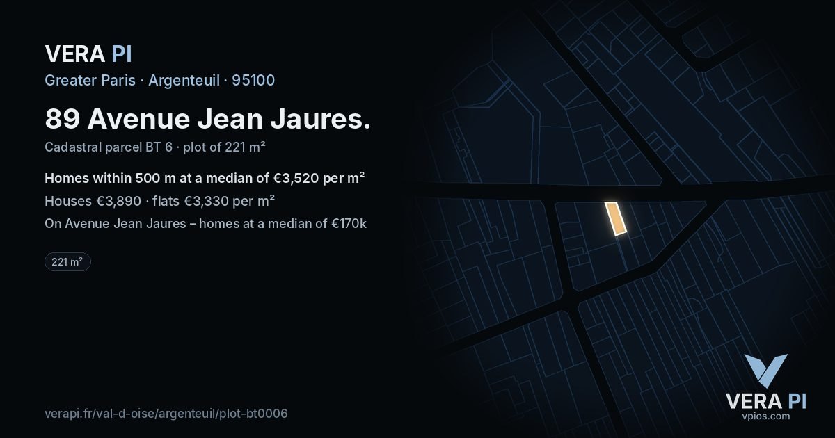 89 Avenue Jean Jaures, Argenteuil at night – the plot lit, the parcels around coloured by the prices near them