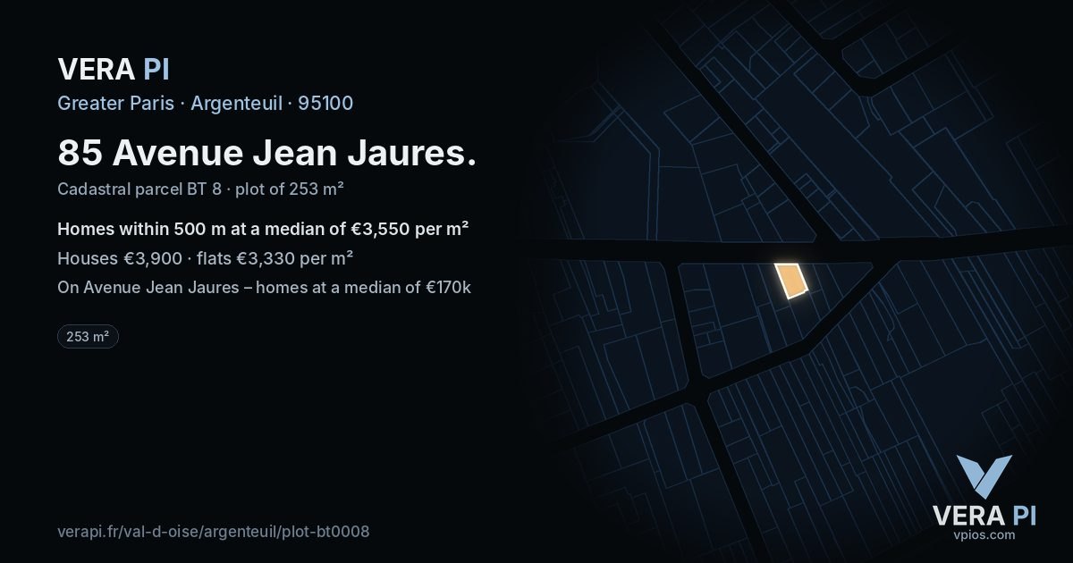 85 Avenue Jean Jaures, Argenteuil at night – the plot lit, the parcels around coloured by the prices near them