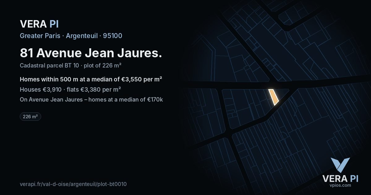 81 Avenue Jean Jaures, Argenteuil at night – the plot lit, the parcels around coloured by the prices near them