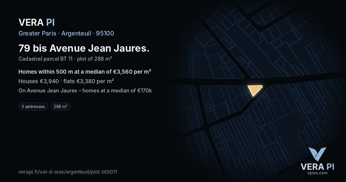 79 bis Avenue Jean Jaures, Argenteuil at night – the plot lit, the parcels around coloured by the prices near them