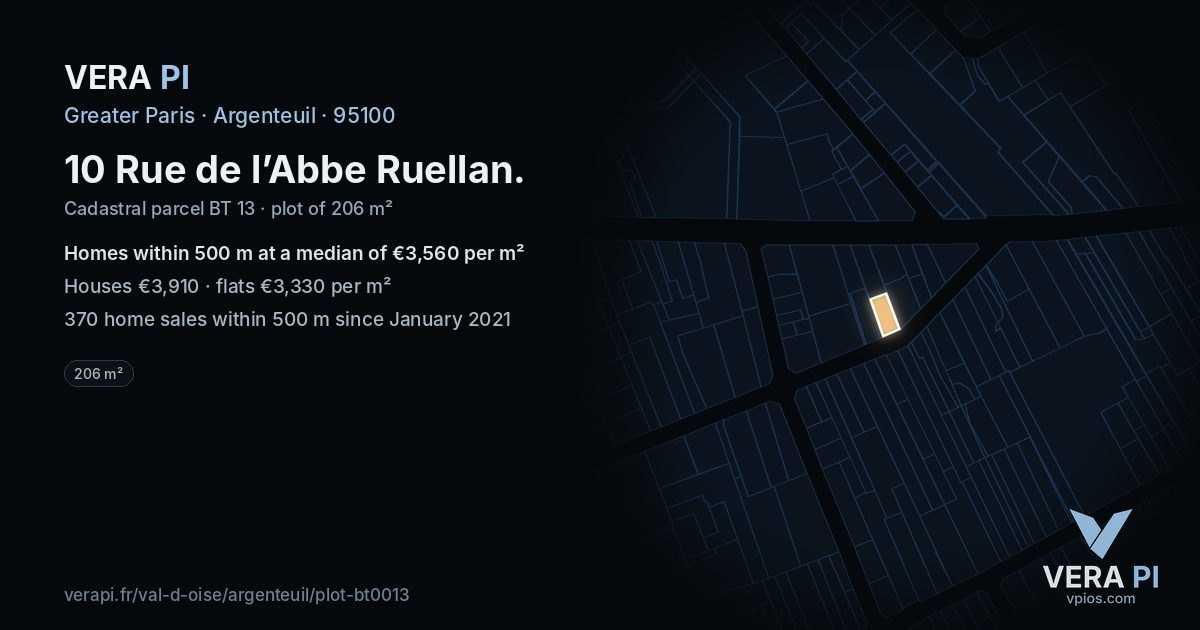 10 Rue de l’Abbe Ruellan, Argenteuil at night – the plot lit, the parcels around coloured by the prices near them