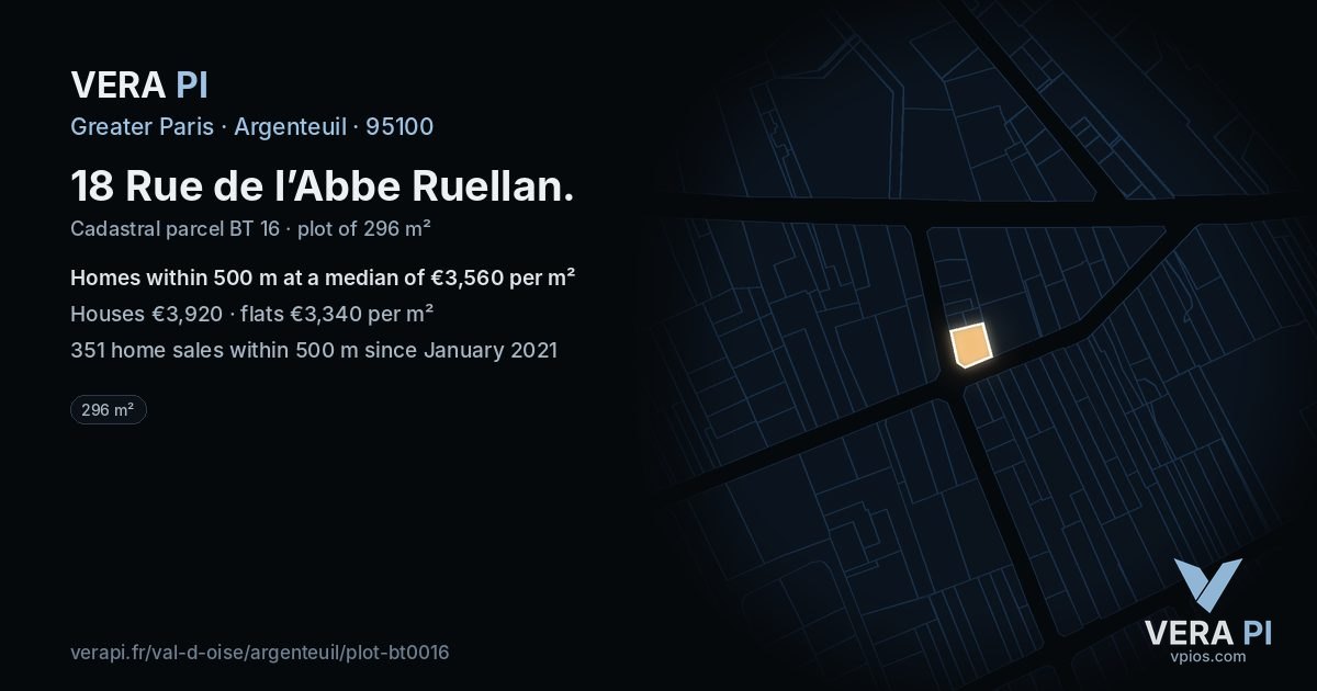 18 Rue de l’Abbe Ruellan, Argenteuil at night – the plot lit, the parcels around coloured by the prices near them