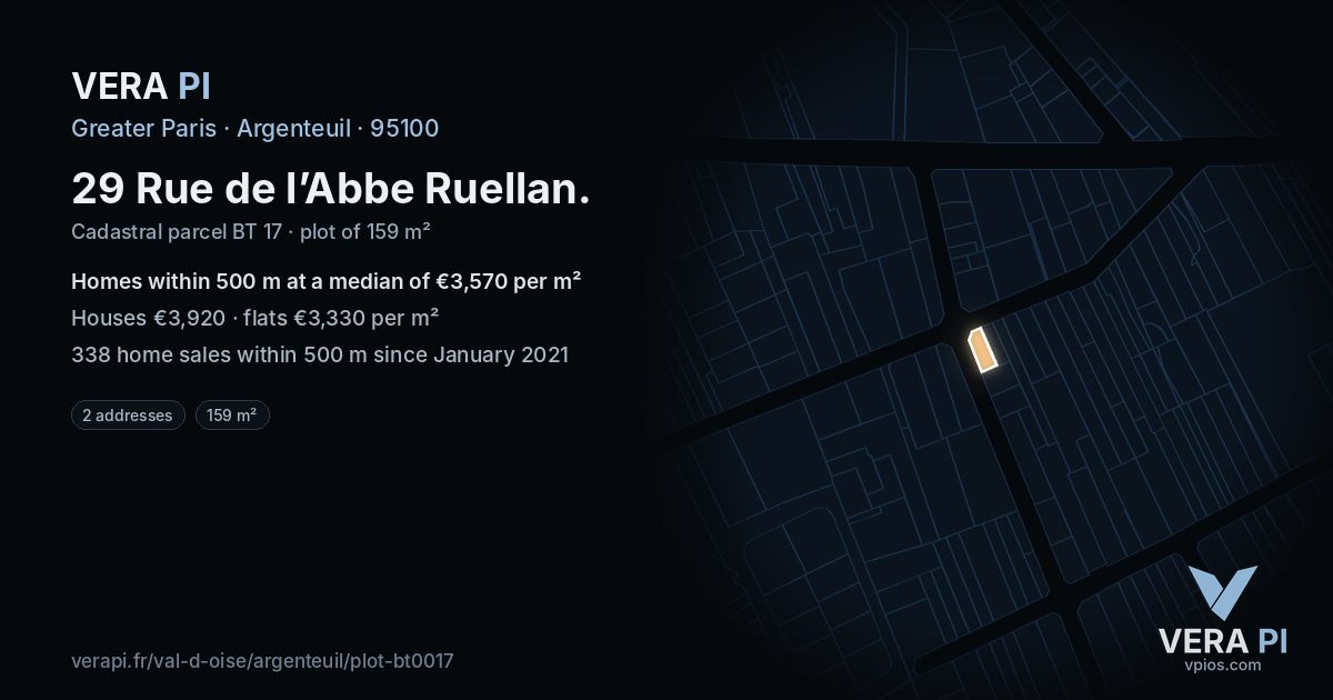29 Rue de l’Abbe Ruellan, Argenteuil at night – the plot lit, the parcels around coloured by the prices near them