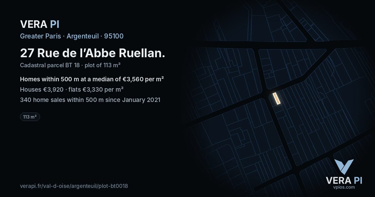 27 Rue de l’Abbe Ruellan, Argenteuil at night – the plot lit, the parcels around coloured by the prices near them