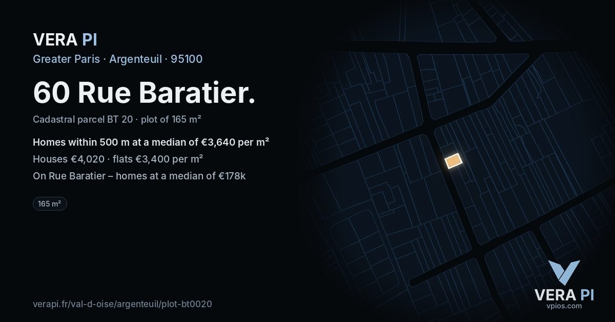 60 Rue Baratier, Argenteuil at night – the plot lit, the parcels around coloured by the prices near them