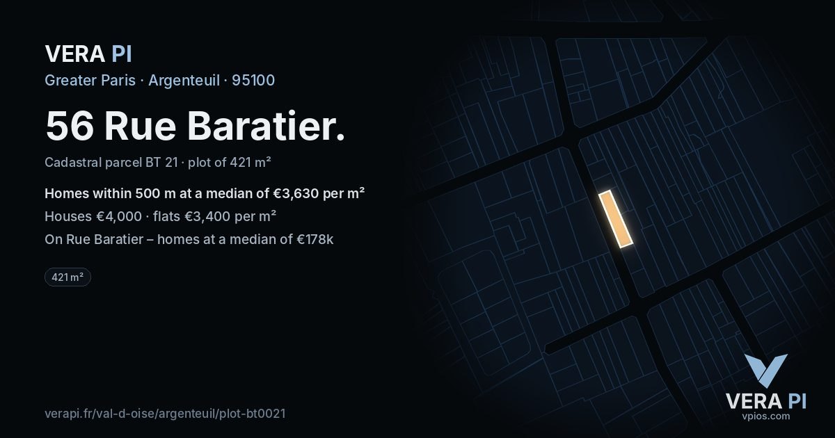 56 Rue Baratier, Argenteuil at night – the plot lit, the parcels around coloured by the prices near them