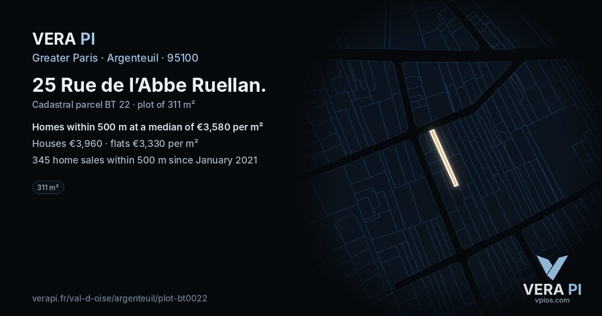 25 Rue de l’Abbe Ruellan, Argenteuil at night – the plot lit, the parcels around coloured by the prices near them
