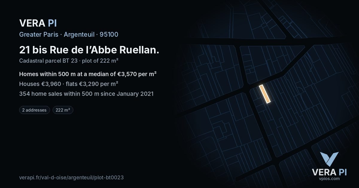 21 bis Rue de l’Abbe Ruellan, Argenteuil at night – the plot lit, the parcels around coloured by the prices near them