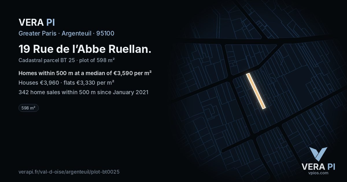 19 Rue de l’Abbe Ruellan, Argenteuil at night – the plot lit, the parcels around coloured by the prices near them