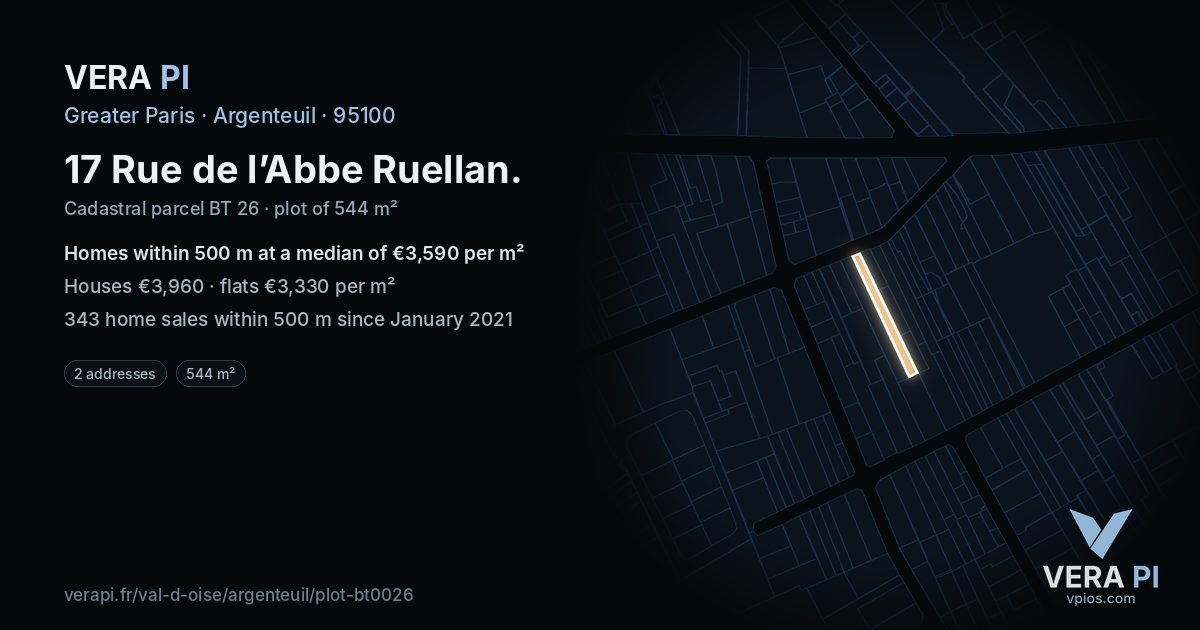 17 Rue de l’Abbe Ruellan, Argenteuil at night – the plot lit, the parcels around coloured by the prices near them