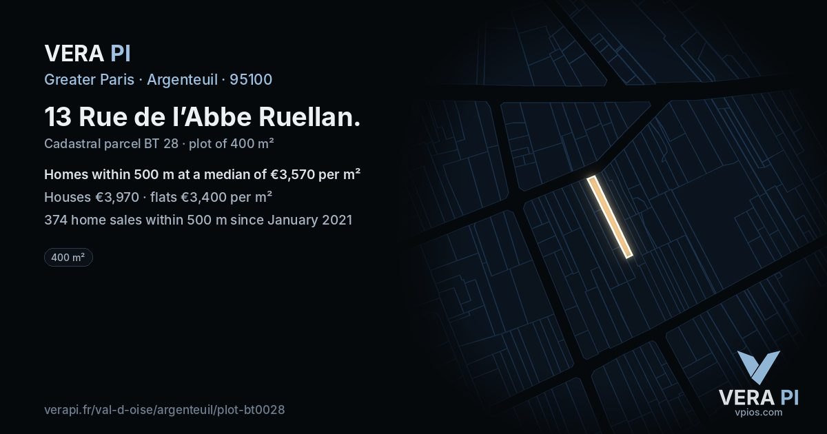 13 Rue de l’Abbe Ruellan, Argenteuil at night – the plot lit, the parcels around coloured by the prices near them