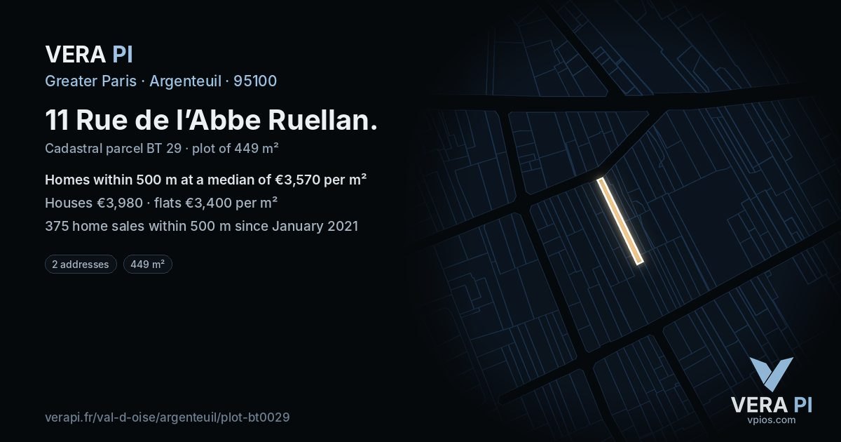 11 Rue de l’Abbe Ruellan, Argenteuil at night – the plot lit, the parcels around coloured by the prices near them