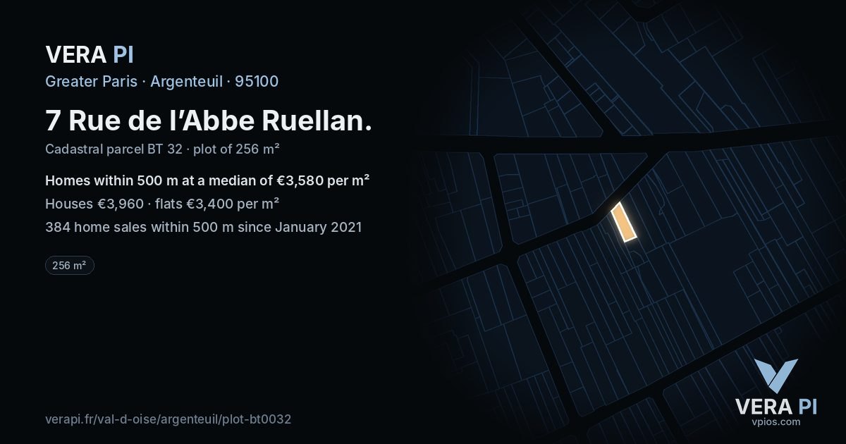 7 Rue de l’Abbe Ruellan, Argenteuil at night – the plot lit, the parcels around coloured by the prices near them