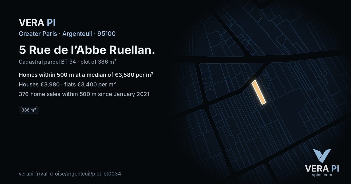 5 Rue de l’Abbe Ruellan, Argenteuil at night – the plot lit, the parcels around coloured by the prices near them