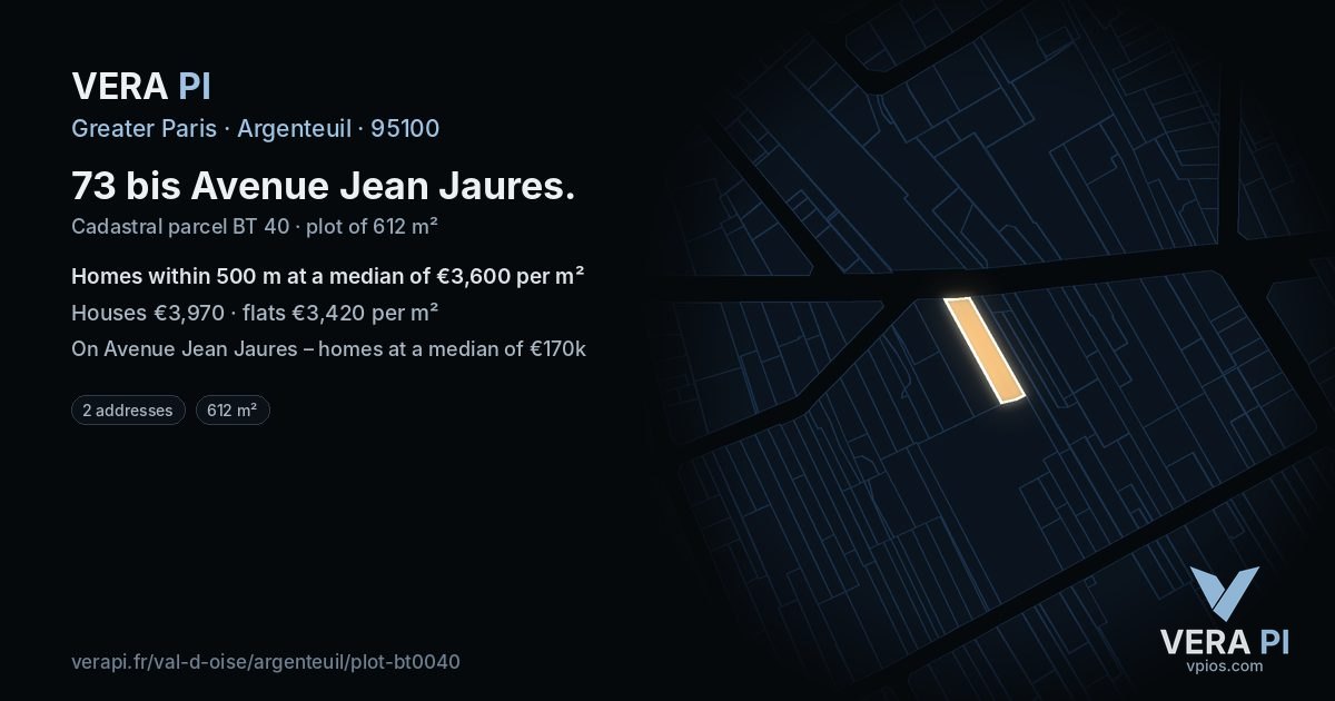 73 bis Avenue Jean Jaures, Argenteuil at night – the plot lit, the parcels around coloured by the prices near them