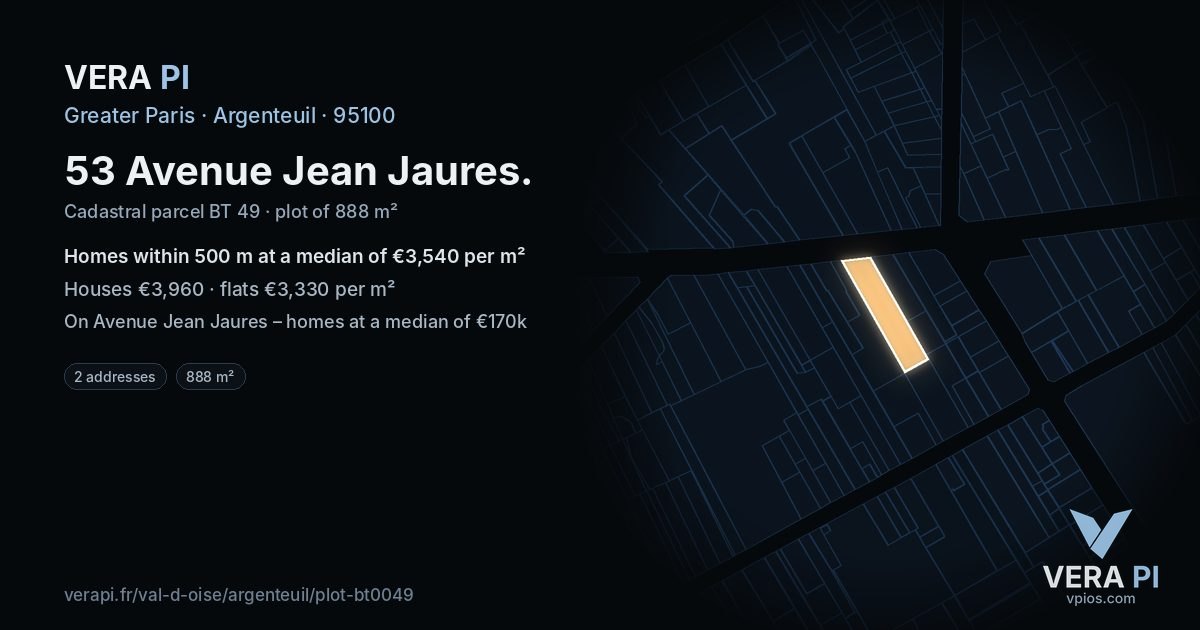 53 Avenue Jean Jaures, Argenteuil at night – the plot lit, the parcels around coloured by the prices near them