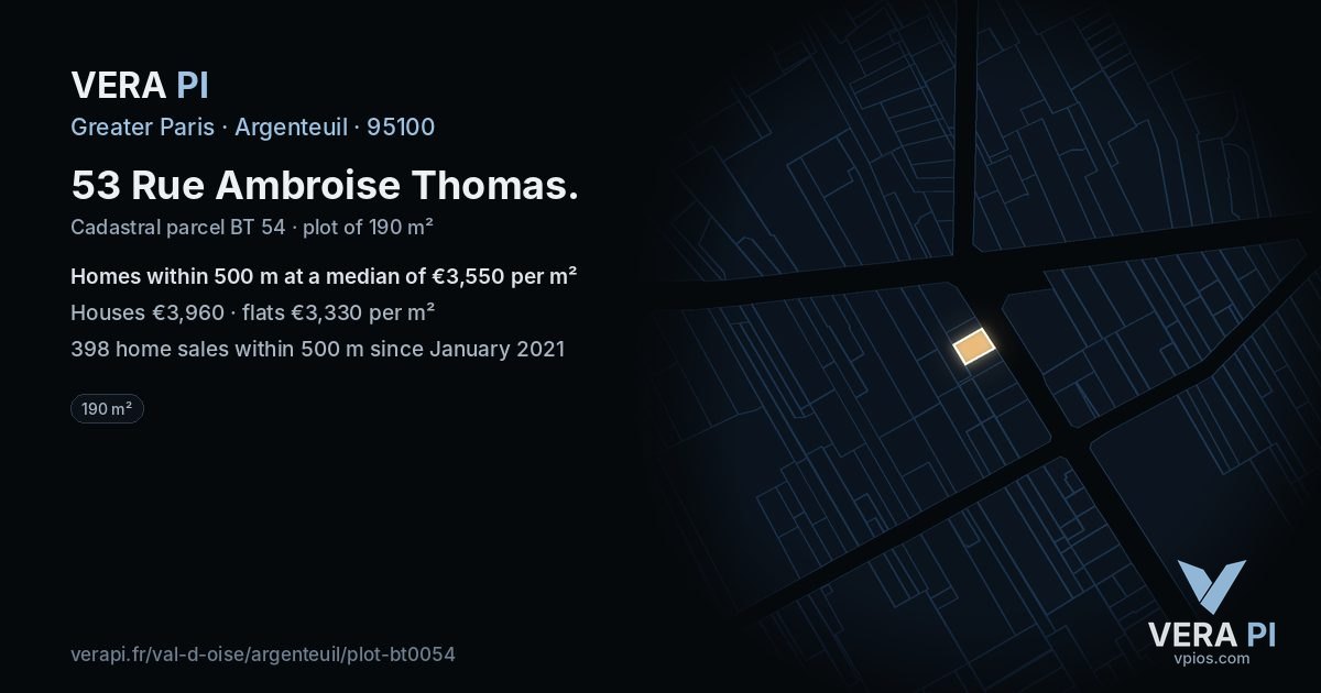 53 Rue Ambroise Thomas, Argenteuil at night – the plot lit, the parcels around coloured by the prices near them