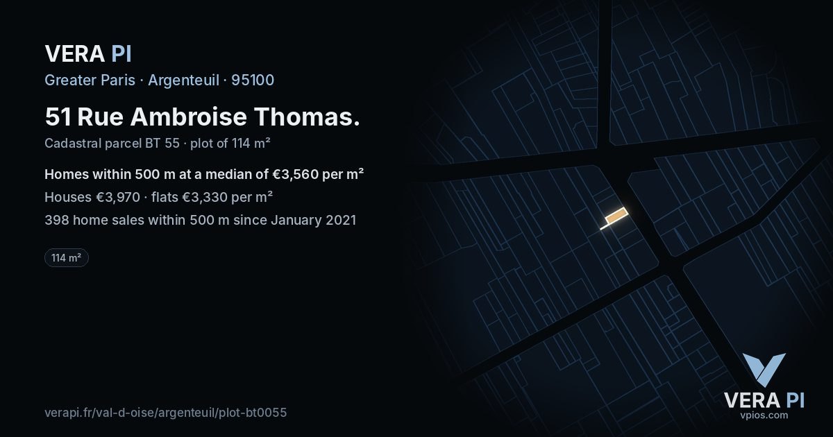 51 Rue Ambroise Thomas, Argenteuil at night – the plot lit, the parcels around coloured by the prices near them