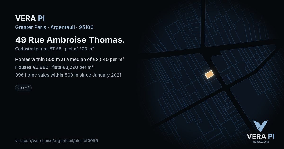 49 Rue Ambroise Thomas, Argenteuil at night – the plot lit, the parcels around coloured by the prices near them