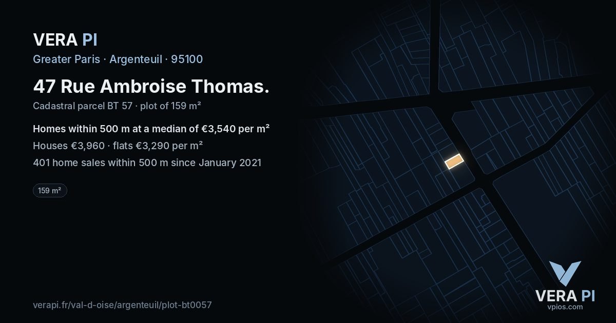 47 Rue Ambroise Thomas, Argenteuil at night – the plot lit, the parcels around coloured by the prices near them