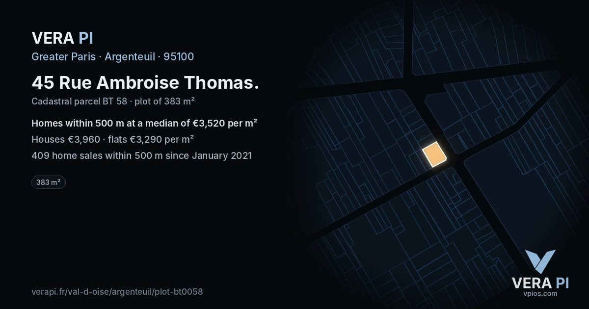 45 Rue Ambroise Thomas, Argenteuil at night – the plot lit, the parcels around coloured by the prices near them