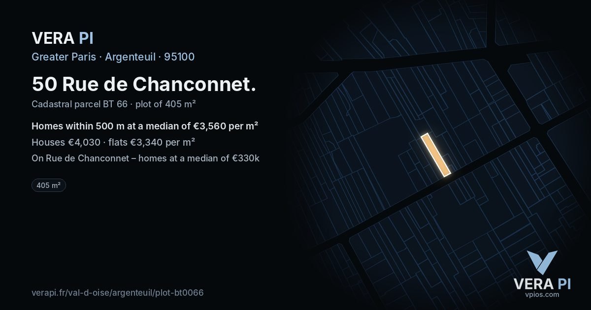 50 Rue de Chanconnet, Argenteuil at night – the plot lit, the parcels around coloured by the prices near them