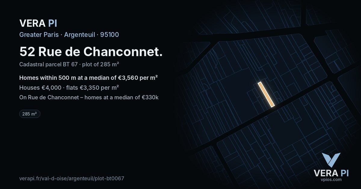 52 Rue de Chanconnet, Argenteuil at night – the plot lit, the parcels around coloured by the prices near them