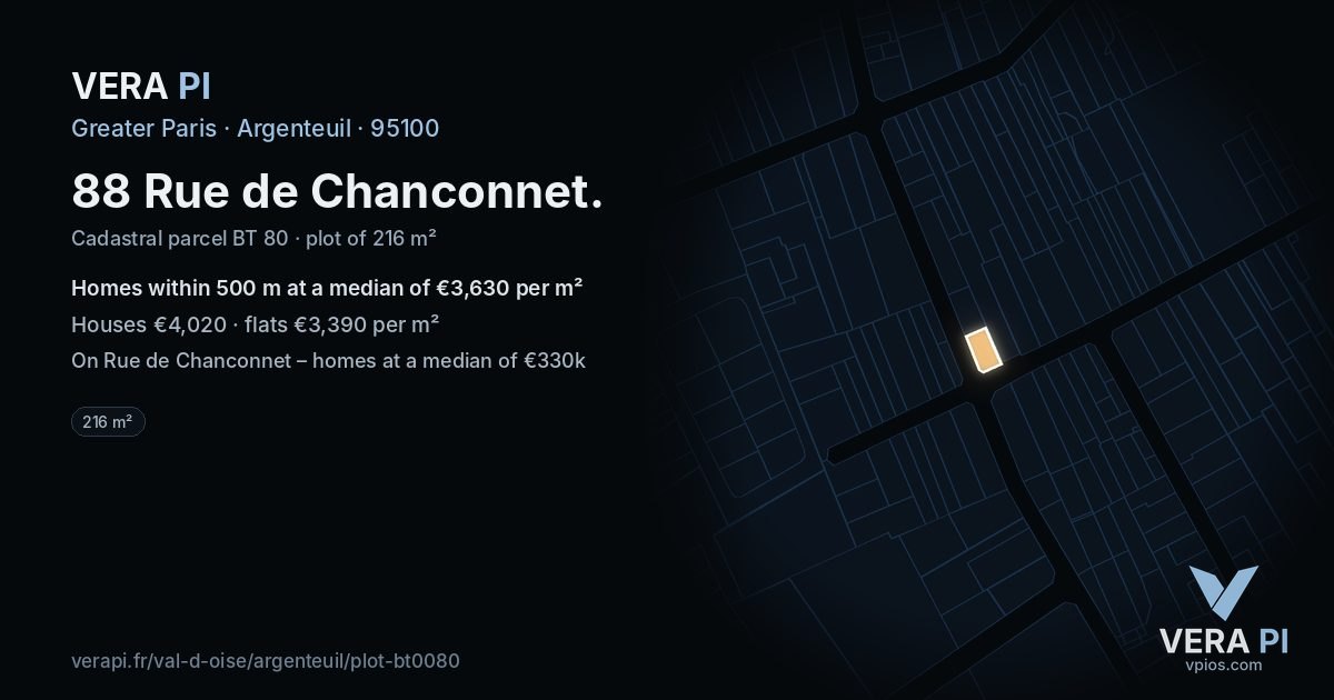 88 Rue de Chanconnet, Argenteuil at night – the plot lit, the parcels around coloured by the prices near them
