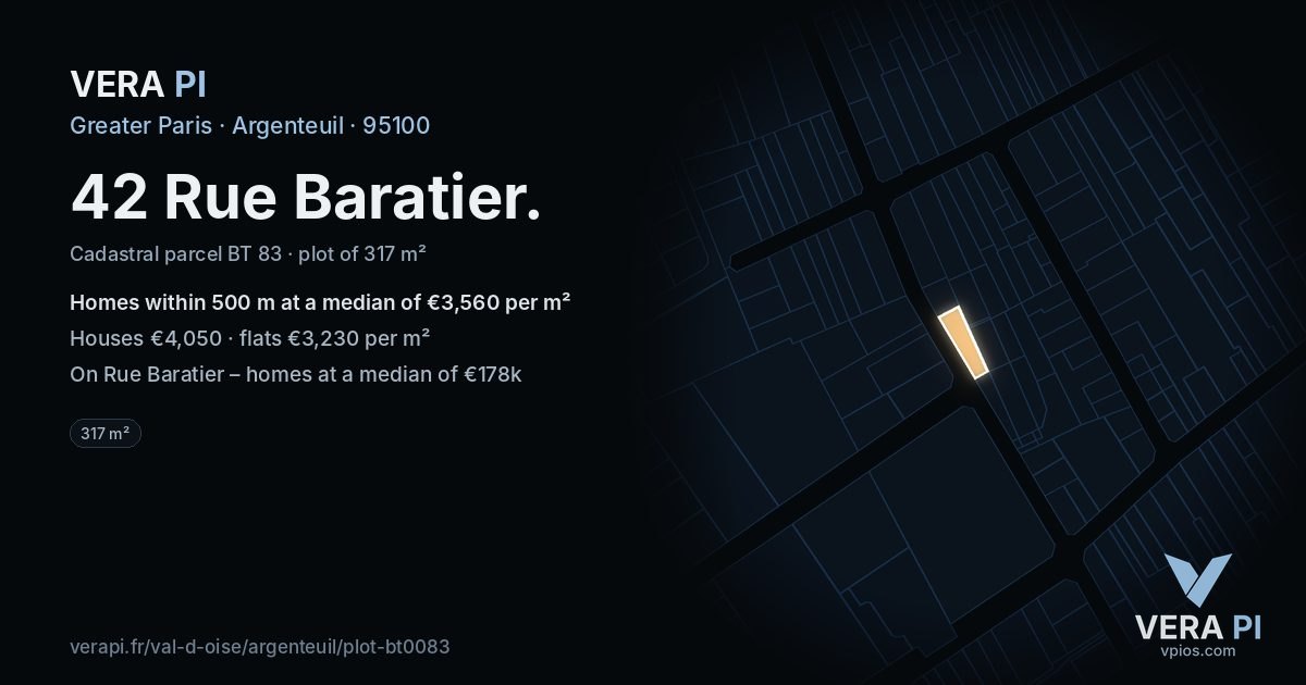 42 Rue Baratier, Argenteuil at night – the plot lit, the parcels around coloured by the prices near them